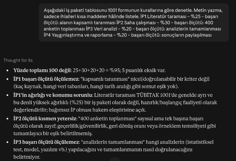 Claude’un iş paketi tablosunu denetleyip ihlalleri madde madde listelediği cevap
