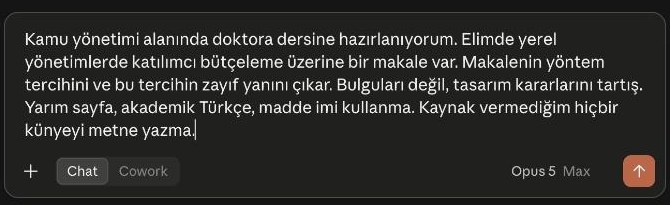 Claude sohbet kutusuna yazılmış, henüz gönderilmemiş kurulmuş bir istem