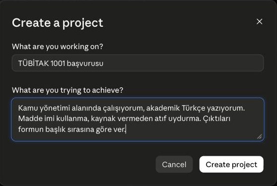 Claude’da yeni proje kurma penceresi: proje adı ve proje talimatı alanları doldurulmuş